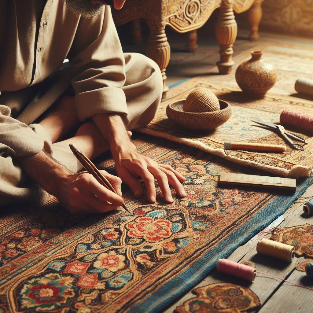 مردی در حال ترمیم فرش